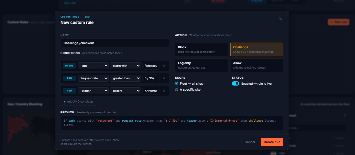 Custom rule editor — creating a Challenge /checkout rule